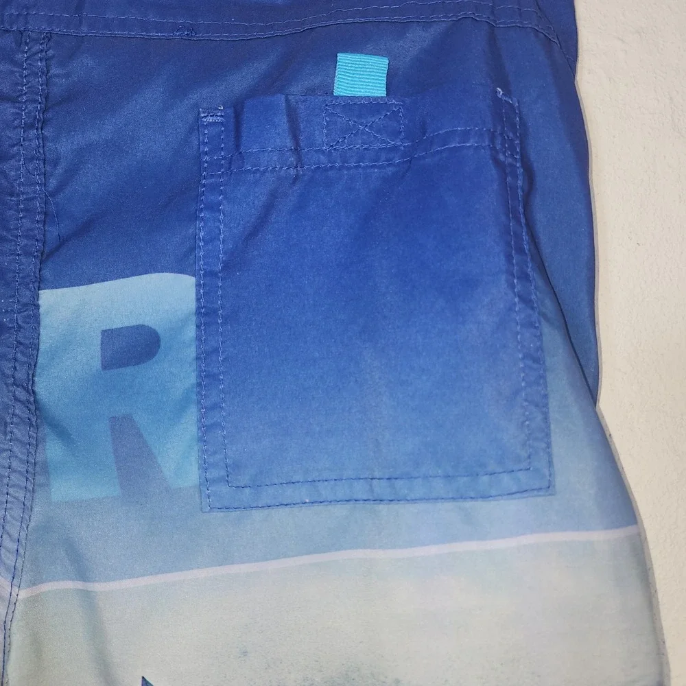 Tru Cal Board Shorts Mens LG Blue Surf Wave Graphic Print Swim Trunks Mesh Lined